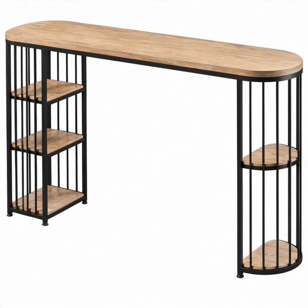Bartafel met 5 open legplanken, 140 x 40 x 105 cm, naturel eiken en zwart, MDF en staal