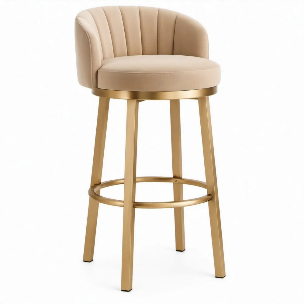 Barkruk met rugleuning van beige kunstleer en goudkleurig staal, 50 x 53 x 106 cm