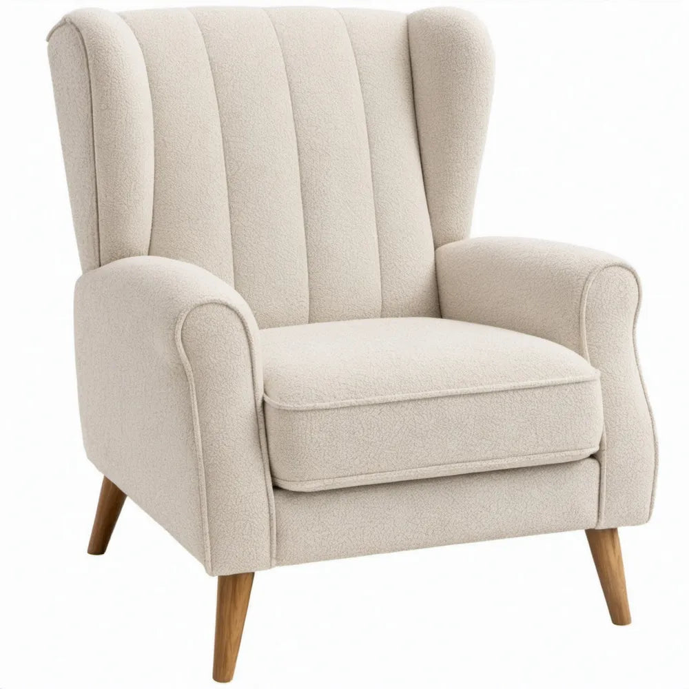 Crèmekleurige bouclé oorfauteuil met houten poten, 76 x 85 x 105 cm
