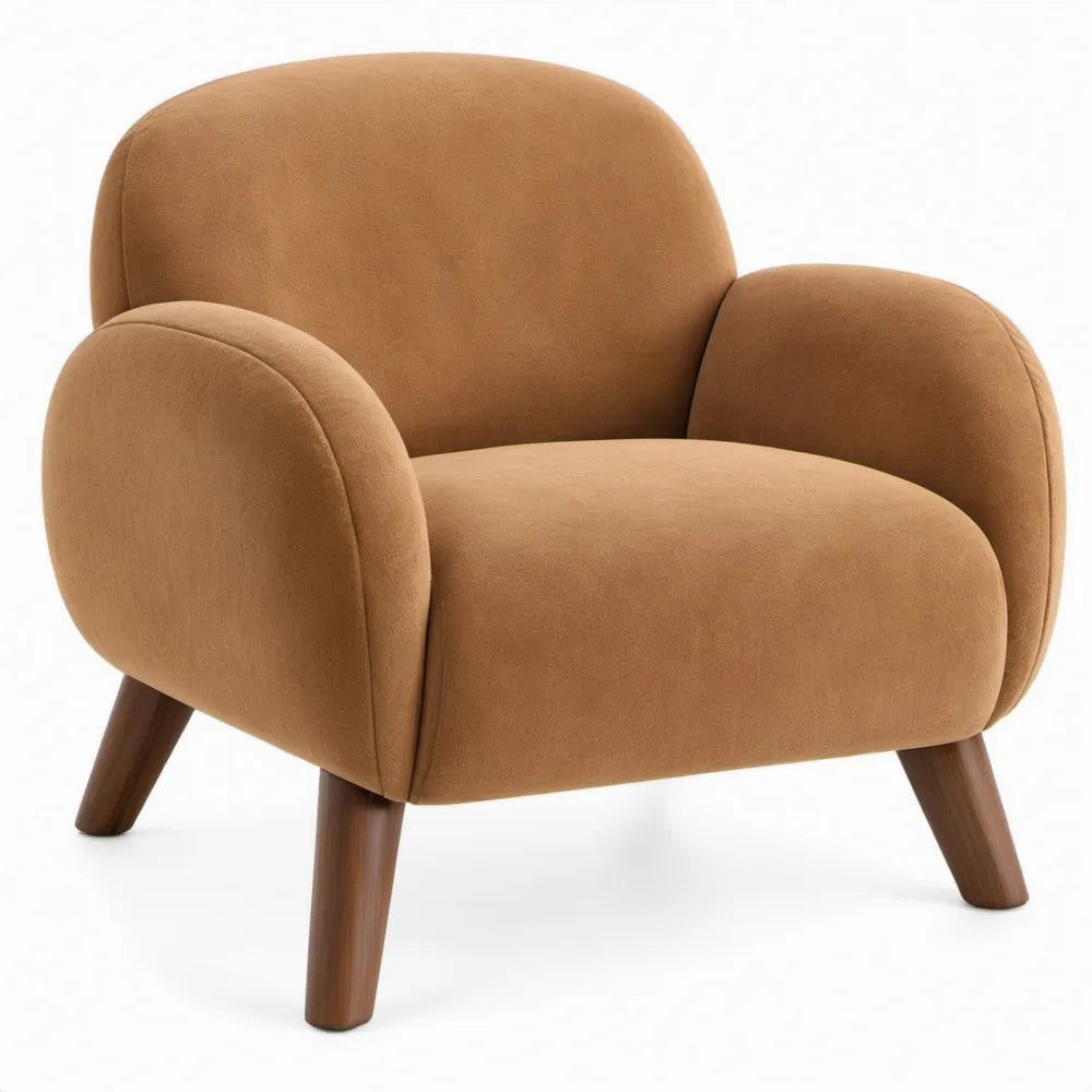 Afgeronde fauteuil in cognacbruin microvezelpolyester met donkerbruine rubberhouten poten, 82 x 78 x 83 cm