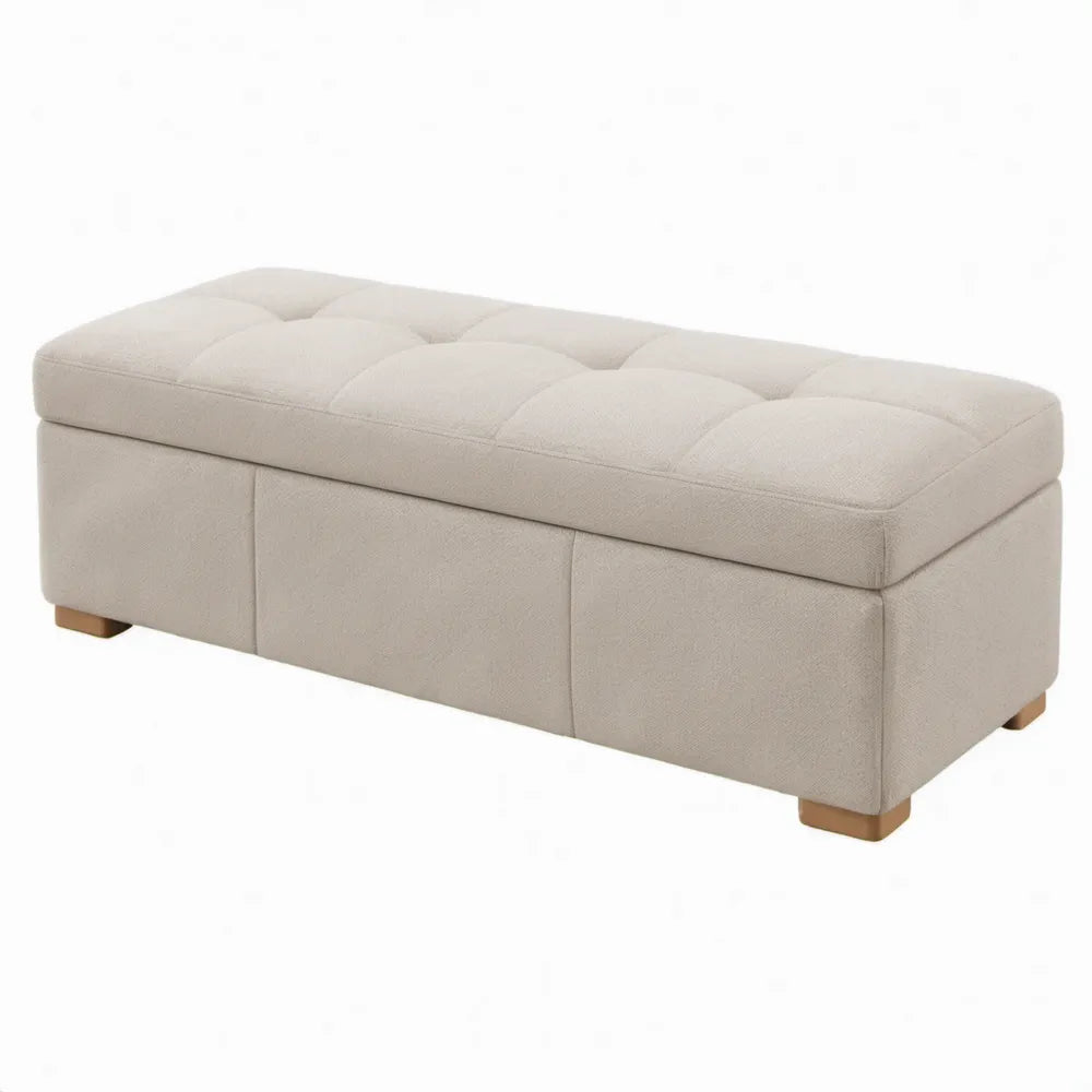 Beige opbergbank met gestoffeerde zitting en naturel houten poten, 110 x 40 x 45 cm