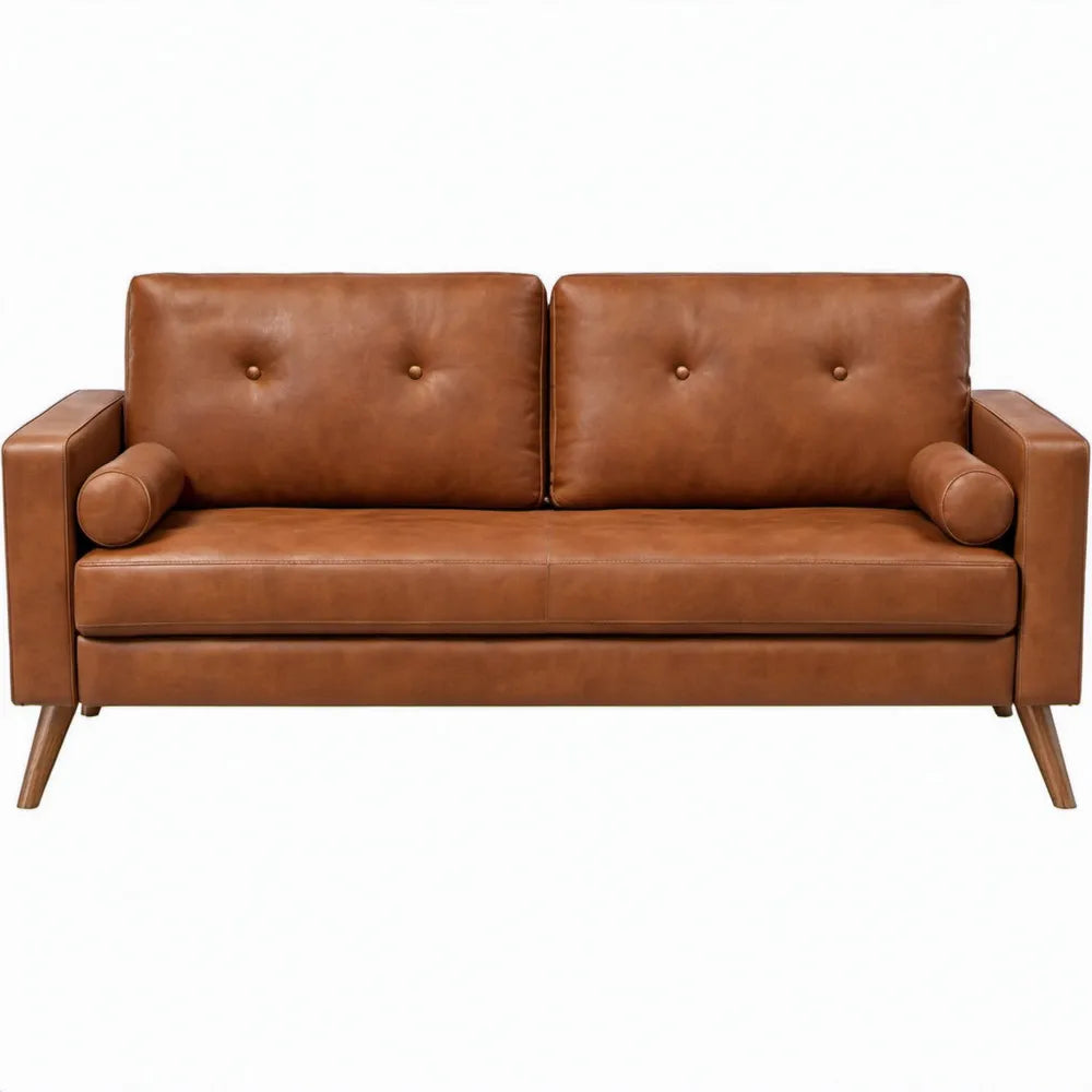Cognacbruine 2-zitsbank van PU-kunstleer met rubberhouten poten, 150 x 85 x 84 cm