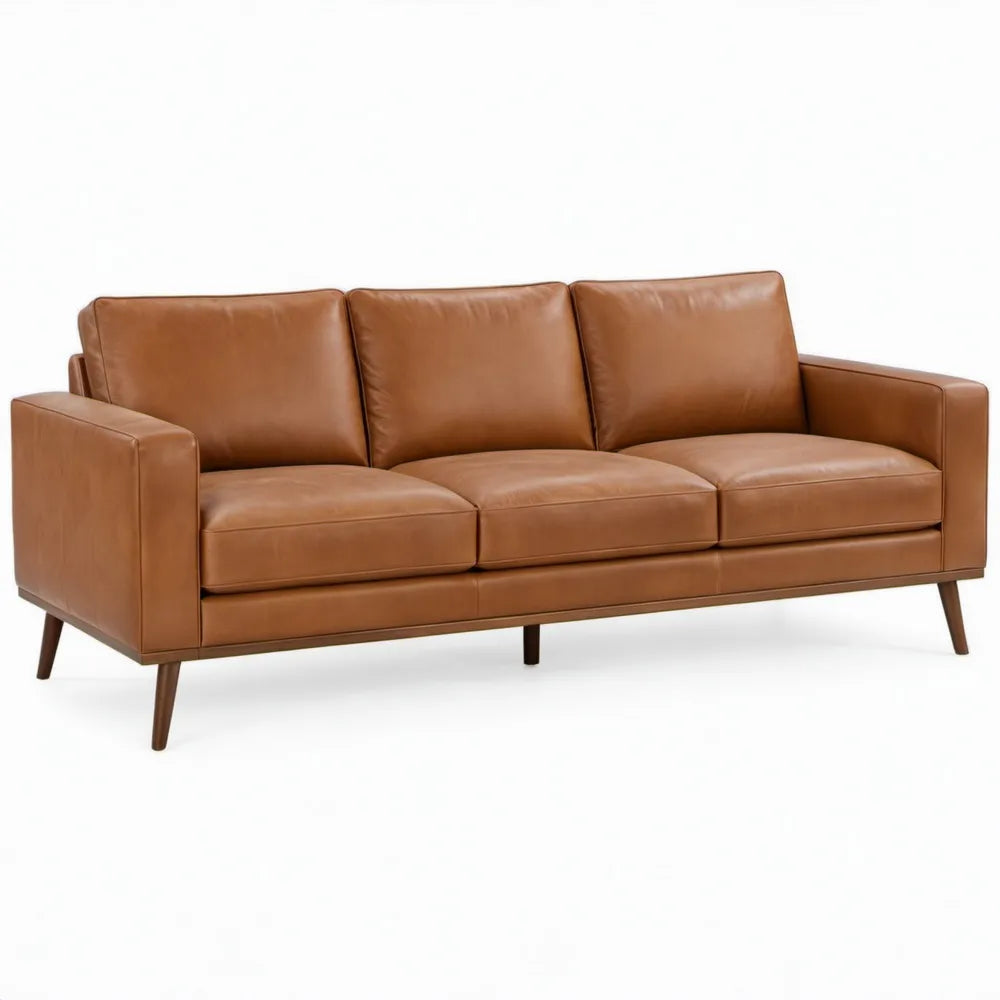 Cognacbruine zitbank van PU-kunstleer met houten poten, 210 x 90 x 85 cm