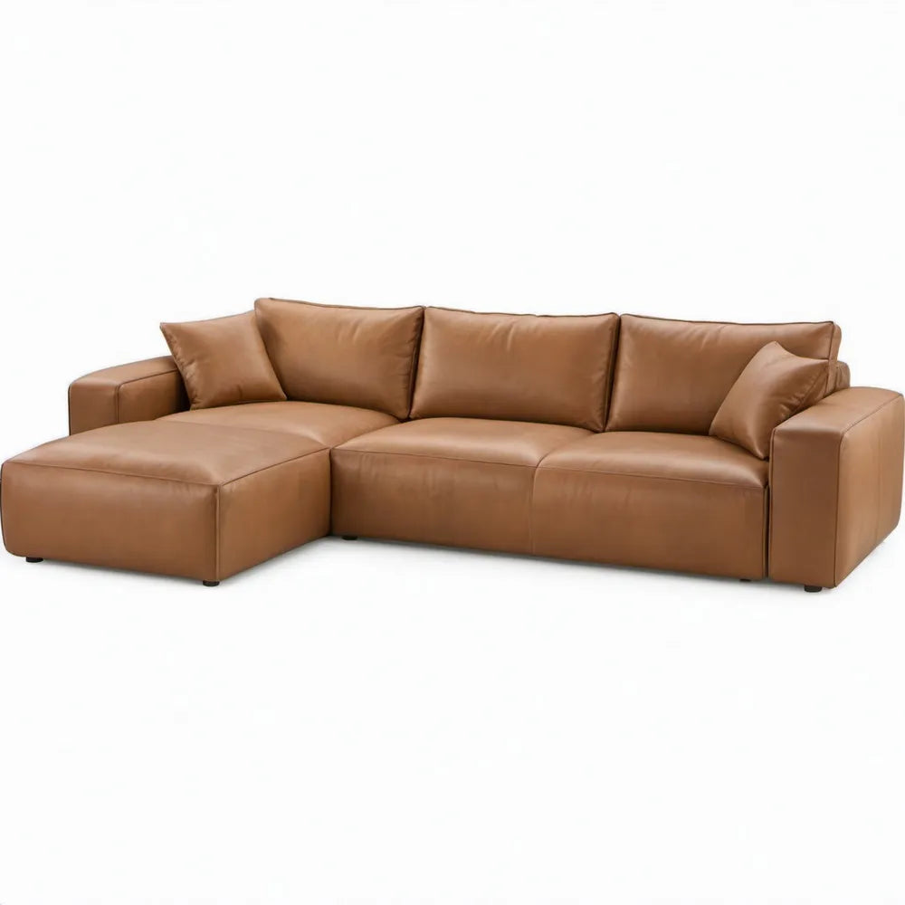 Cognacbruine L-vormige bank met linkse chaise longue, PU-leer, 280 x 170 x 85 cm