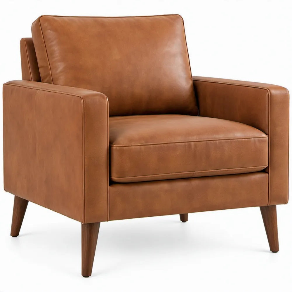 Cognacbruine loungefauteuil met armleuningen en houten poten, 86 x 84 x 88 cm